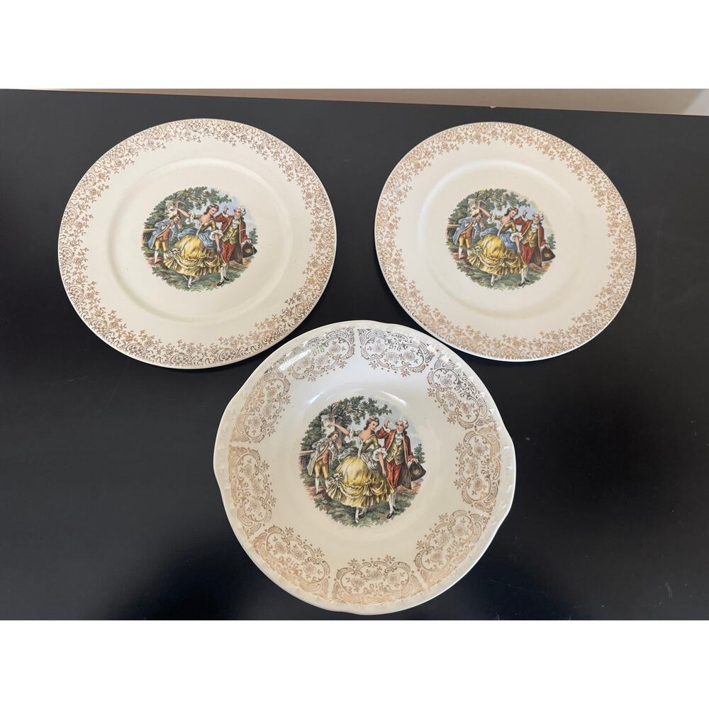Vintage Courting Couple China Plates Bowl Set of 3 Gold Filigree 10 Inch